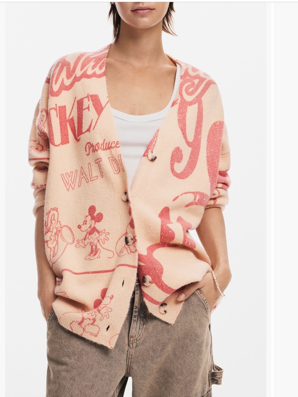 Desigual Peach and Coral‎ Graphic Cardigan Mickey Disney Sweater - Women's small